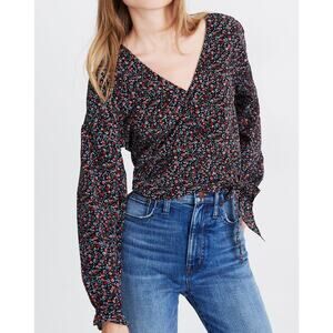 Madewell Floral Silk Long-Sleeve Wrap Top sz XS